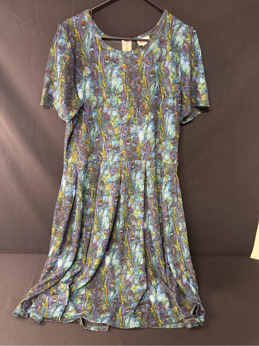 LuLaRoe 3XL Peacock Feather Print Fit & Flare Dress Multicolor Stretch